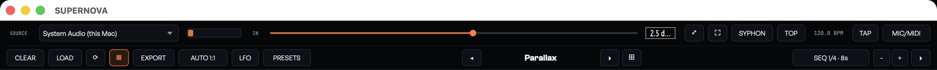 The three top bars of the app: title bar, source and level, and the media and world controls