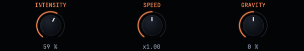 The INTENSITY, SPEED and GRAVITY knobs of the app's Movement row