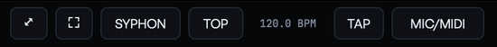 The Syphon, fullscreen, always-on-top, BPM, TAP and MIC/MIDI buttons of the app