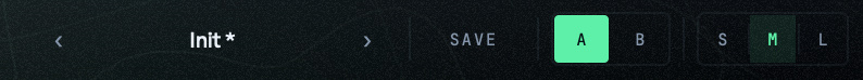 The right end of the header: the preset name, SAVE, A and B, and the S, M and L size buttons